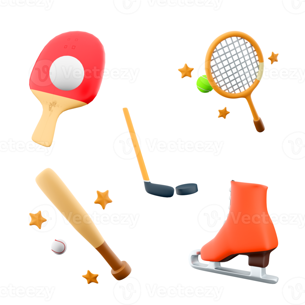3d rendering table tennis, hockey, tennis racket, baseball bat, ice skate icon set. 3d render sport conception icon set. png