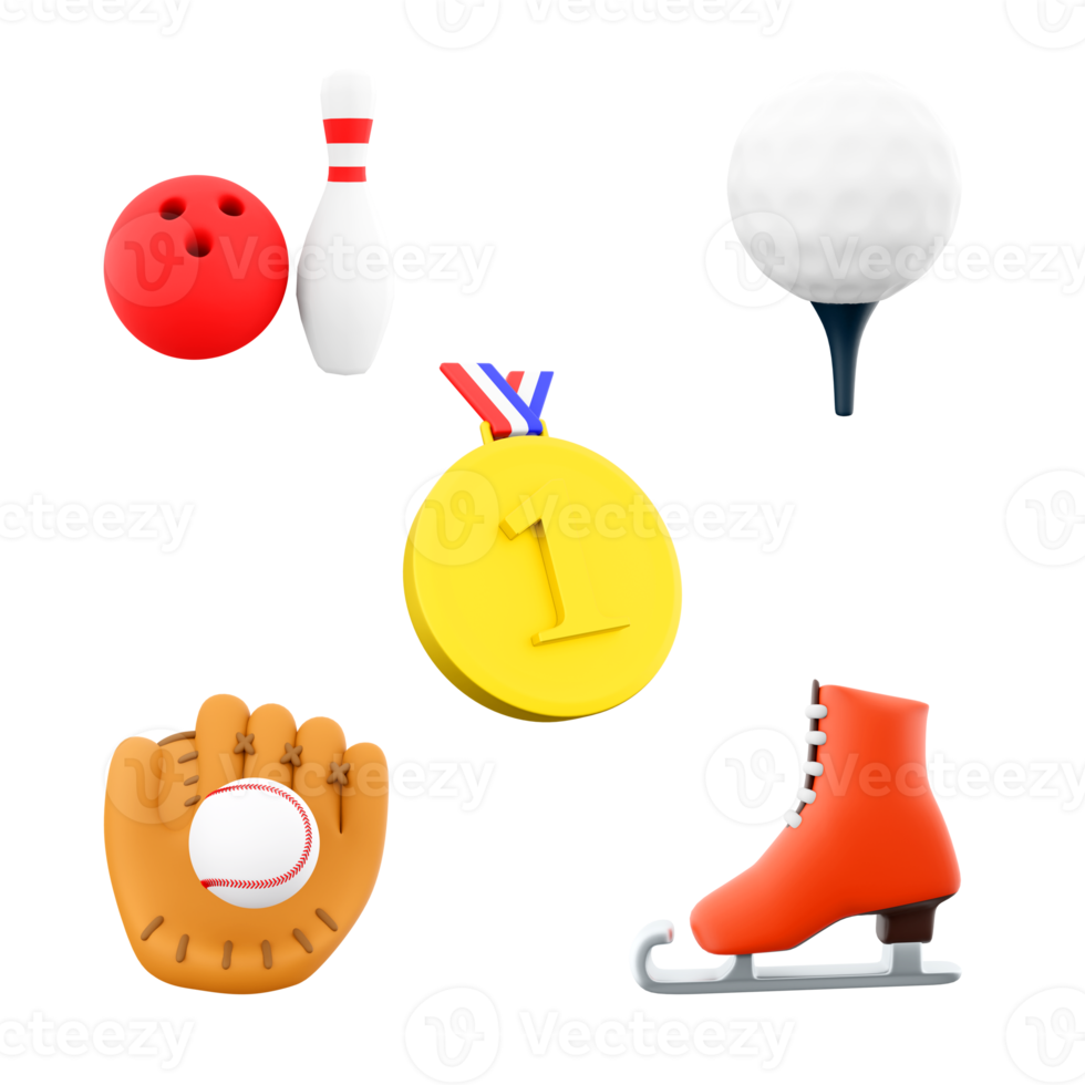 3d representación bolos pelota y juego de bolos, hielo patinar, oro medalla, béisbol guante, golf icono colocar. 3d hacer deporte concepción icono colocar. png