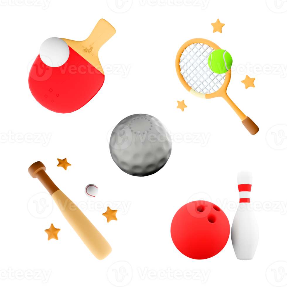 3d renderng table tennis, tennis racket, golf ball, baseball bat, bowling and skittles icon set. 3d render sport conception icon set. png