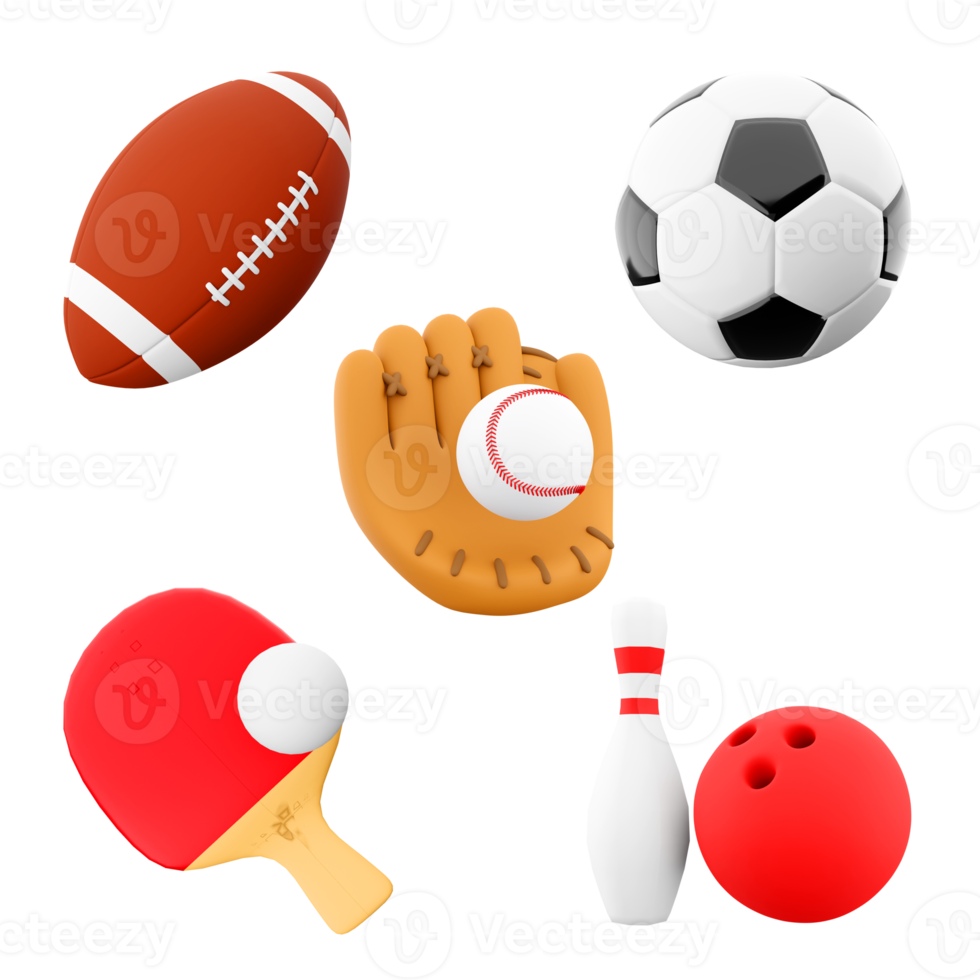 3d representación rugby, fútbol, béisbol guante, mesa tenis, bolos y juego de bolos icono colocar. 3d hacer deporte concepción icono colocar. png