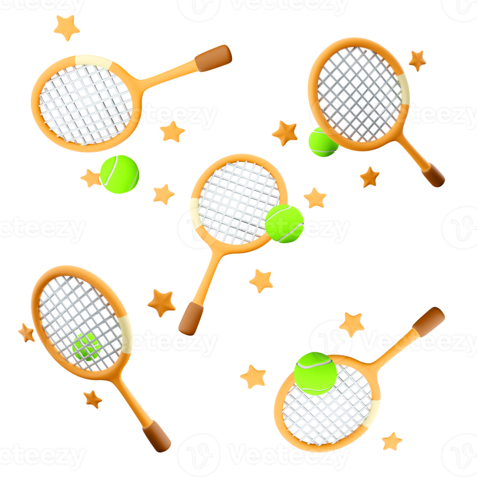 3d tolkning tennis racket och boll ikon uppsättning. 3d framställa tennis spel för två annorlunda positioner ikon uppsättning. png