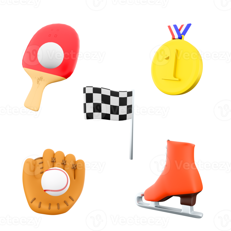 3d rendering table tennis, gold medal, race flag, baseball glove, ice skate icon set. 3d render sport conception icon set. png