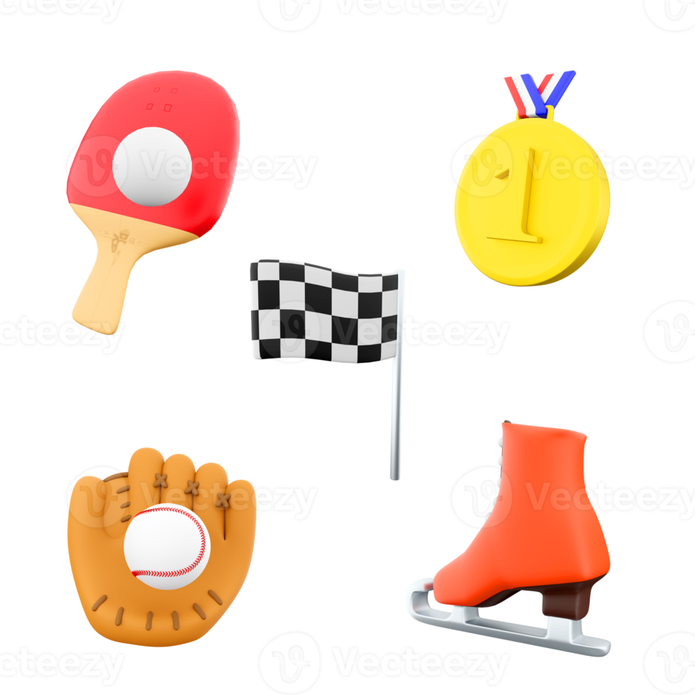 3d Rendern Tabelle Tennis, Gold Medaille, Rennen Flagge, Baseball Handschuh, Eis Schlittschuh Symbol Satz. 3d machen Sport Konzeption Symbol Satz. png