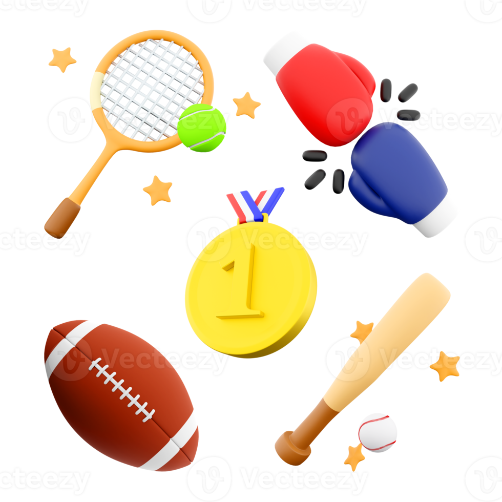 3d rendering tennis racket and ball, boxing glove red and blue colors, gold medal, rugby, baseball bat icon set. 3d render sport conception icon set. png