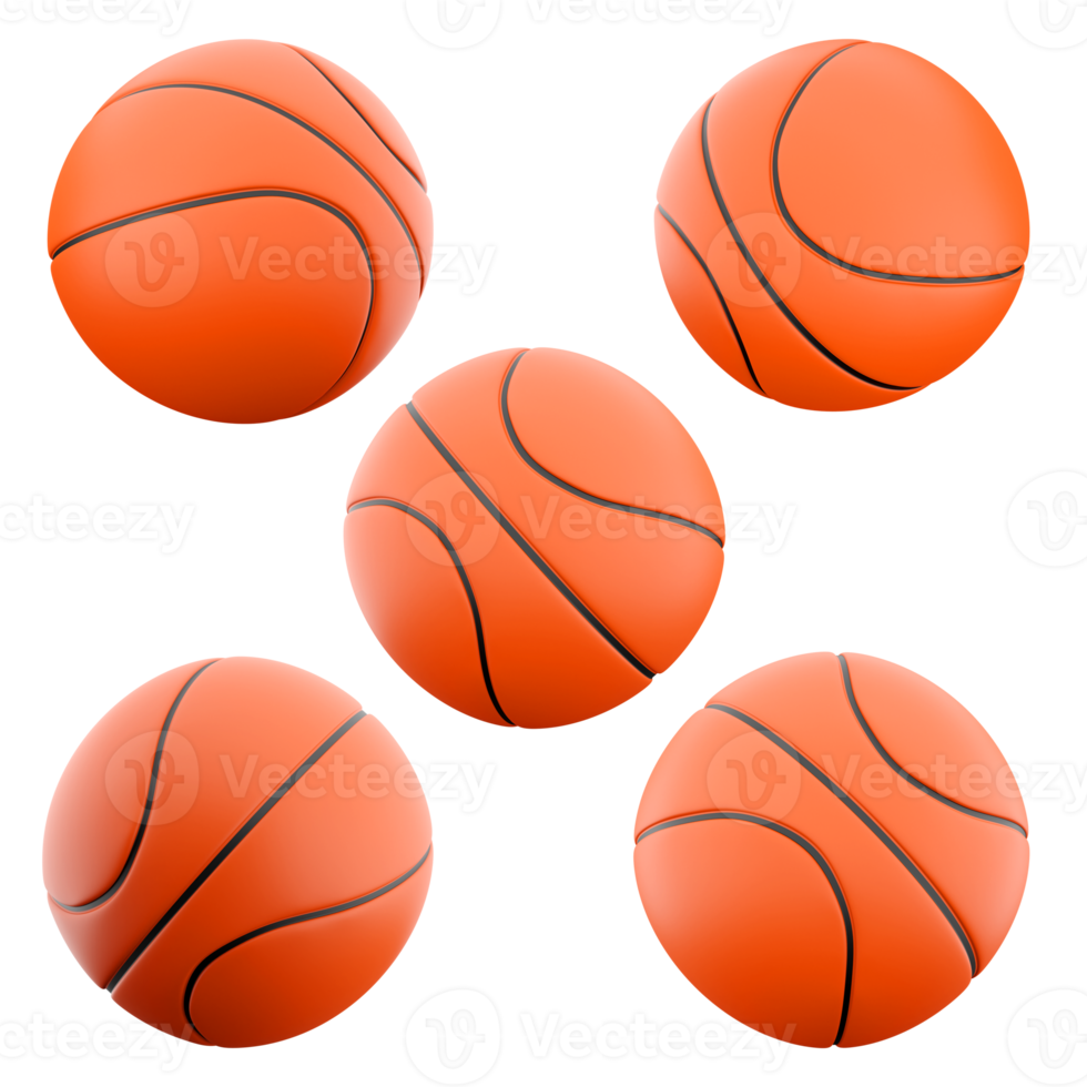 3d rendering basketball classic orange ball icon set. 3d render a sports team game in which the ball is thrown with the hands into the opponent's ring different positions icon set. png