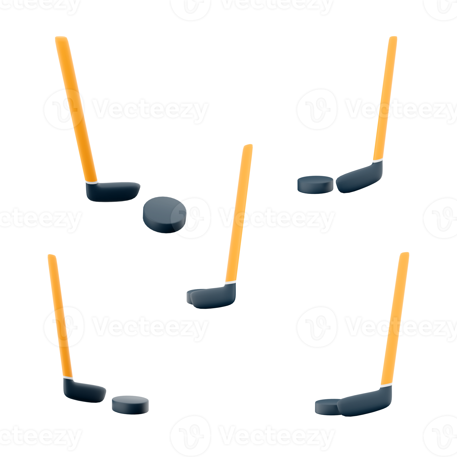 3d rendering hockey stick and puck icon set. 3d render team sport on ice different positions