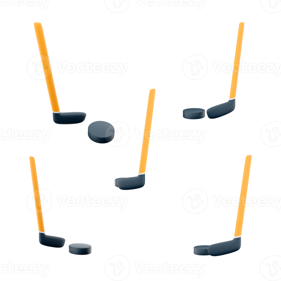 3d rendering hockey stick and puck icon set. 3d render team sport on ice different positions icon set. Hockey. png