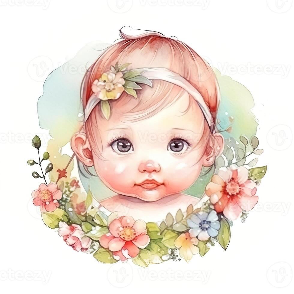 Watercolor portrait of a cute little baby surrounded with flowers. . photo