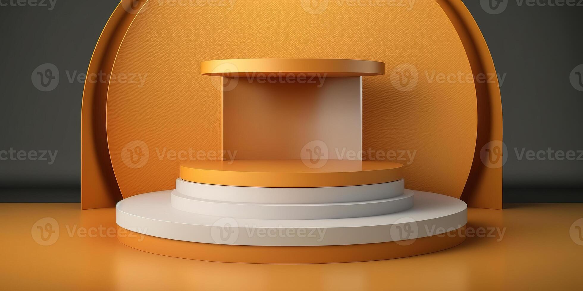 Realistic 3D orange theme podium for product display. photo