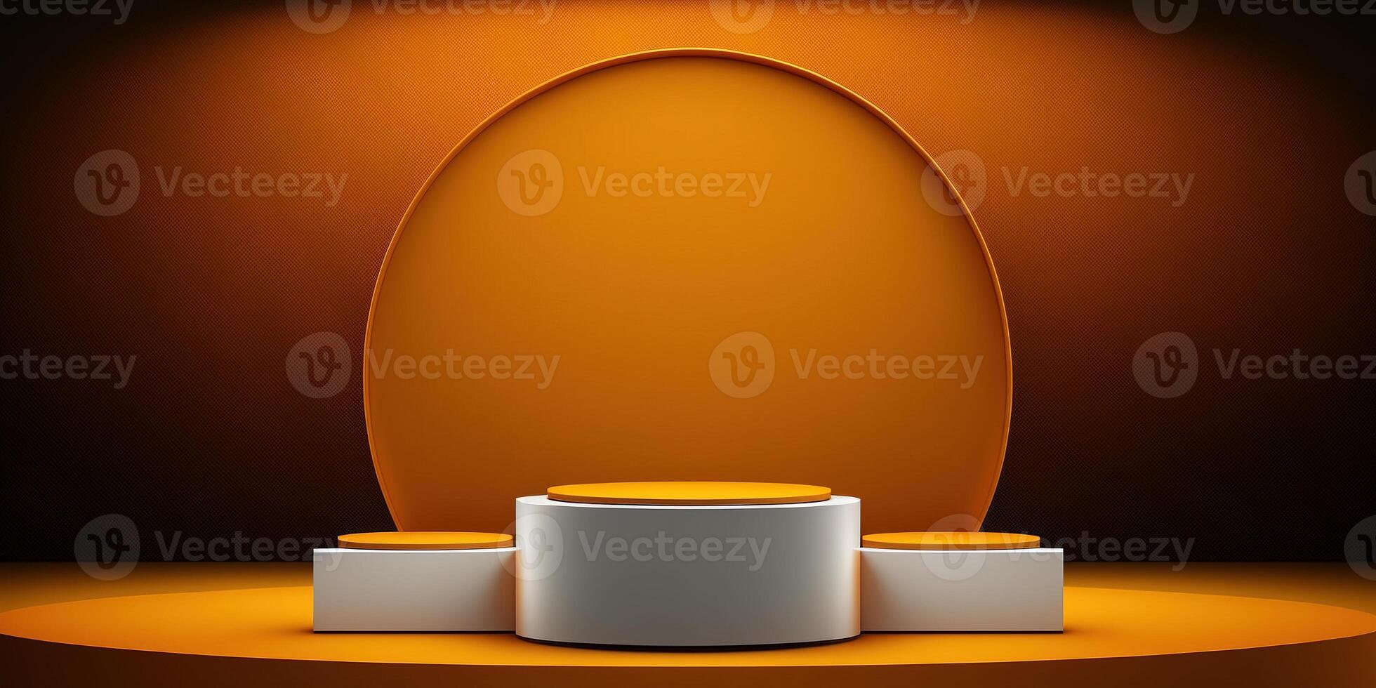 Realistic 3D orange theme podium for product display. photo