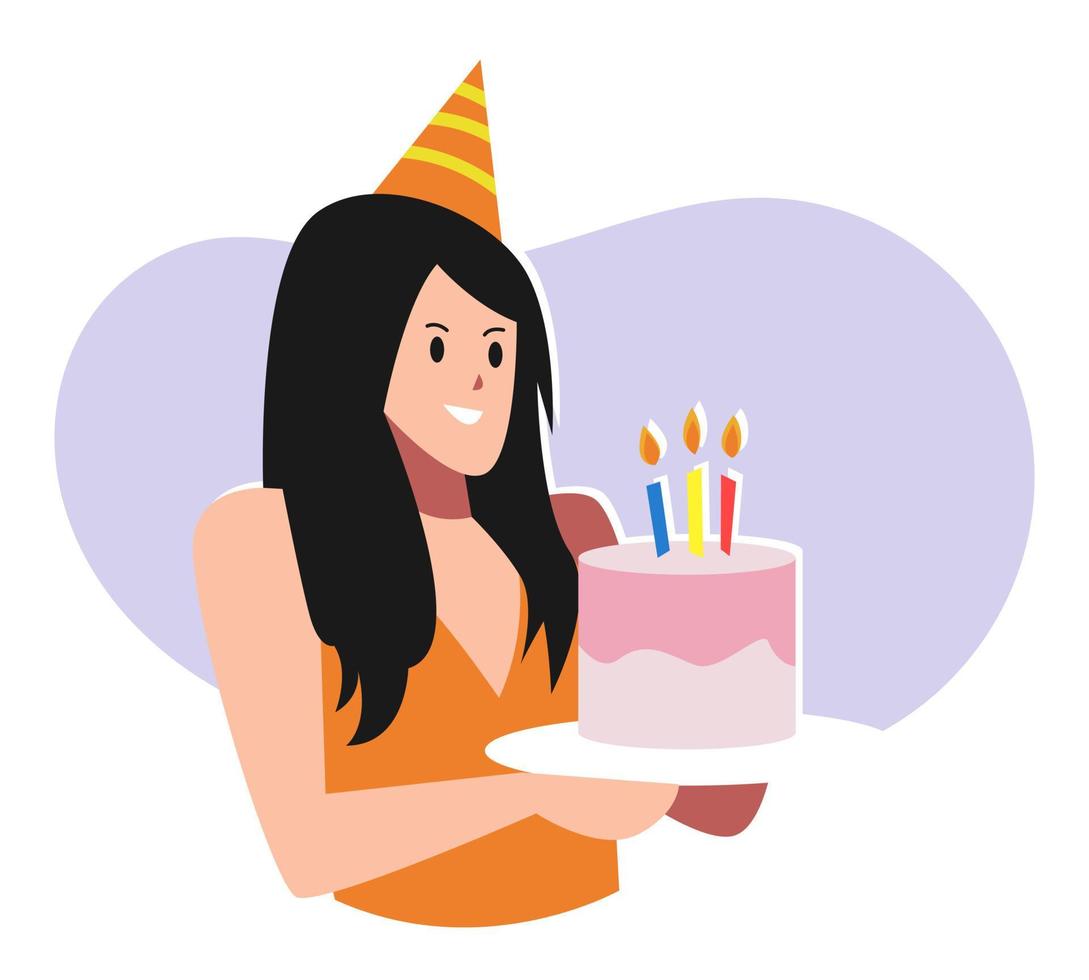 female cartoon character in party hat holding birthday cake. concept of celebration, birthday, party. for greeting card, print, poster, sticker. flat vector illustration.