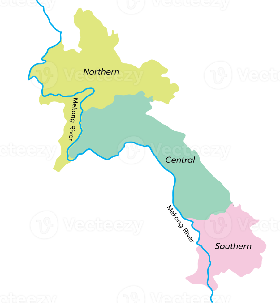 laos Karta med mekong flod och tre regioner png