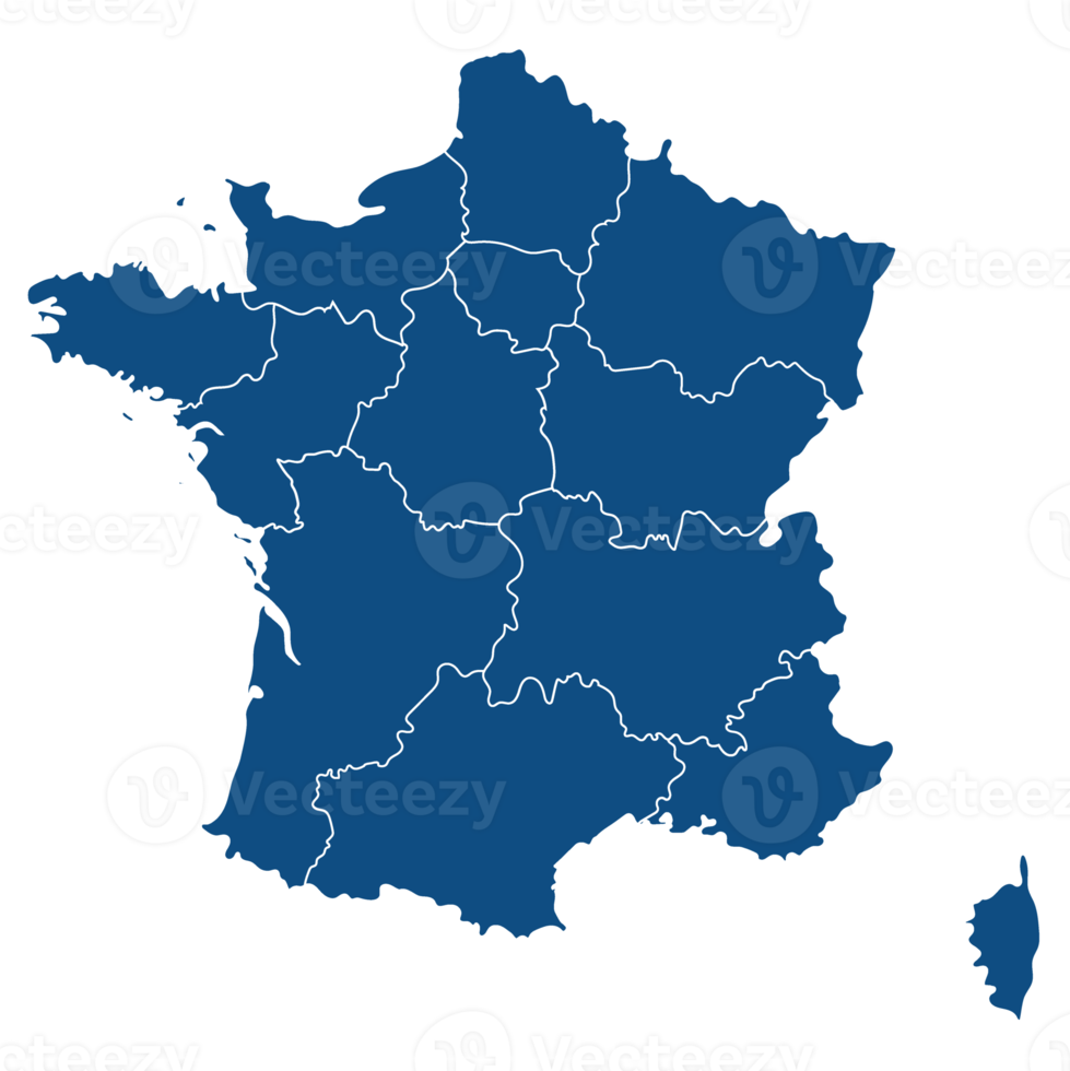 France map with high detail and blue color of administrations regions png