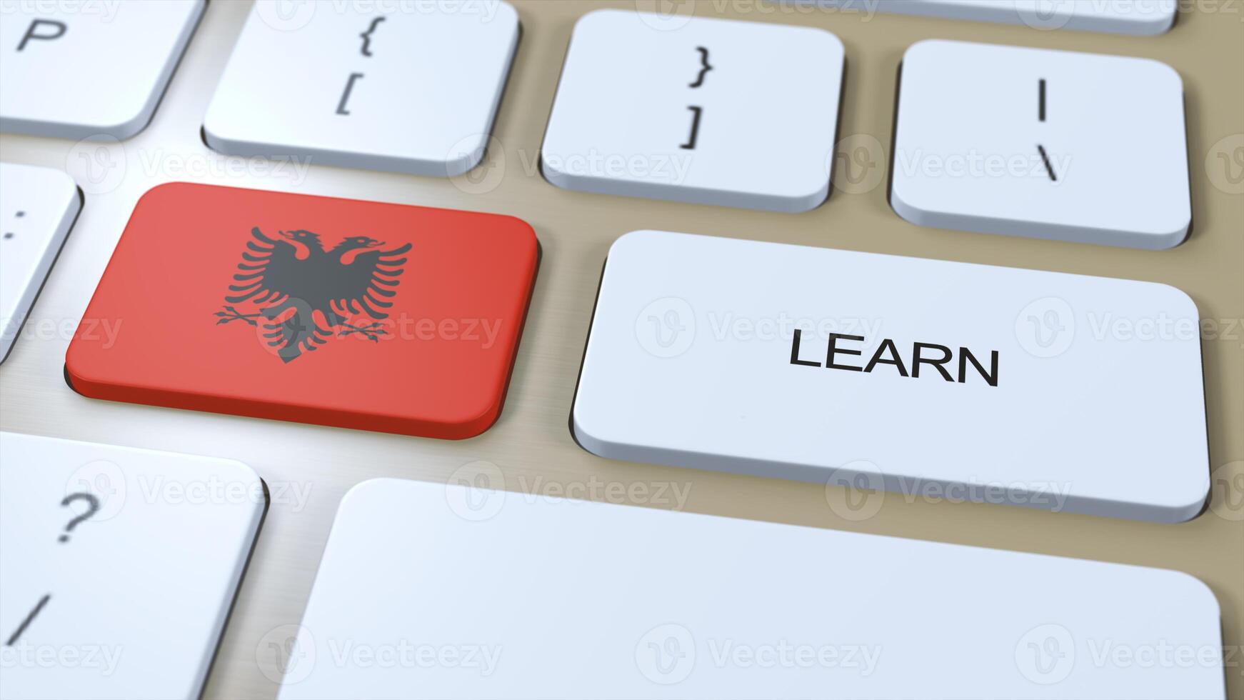 Learn Albanian Language Concept. Online Study Courses. Button with Text on Keyboard. 3D Illustration photo