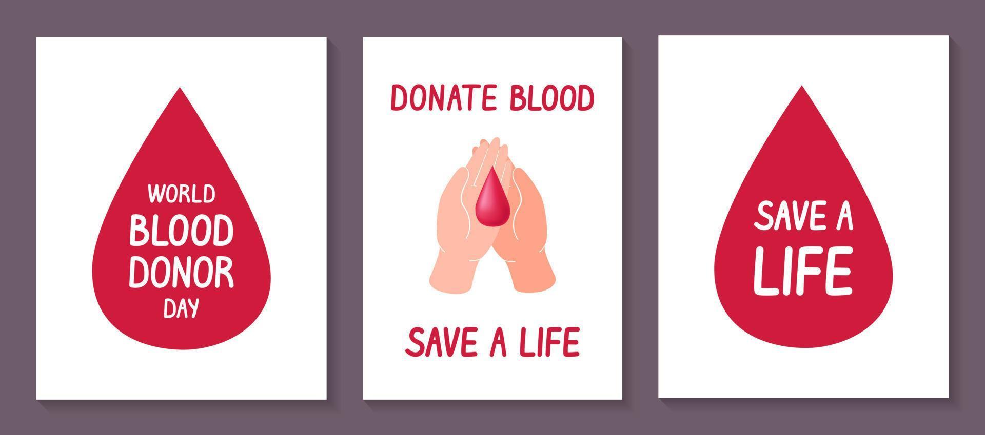 World donor day set of posters or cards with red drops. Vector illustration. Blood Donate save life.