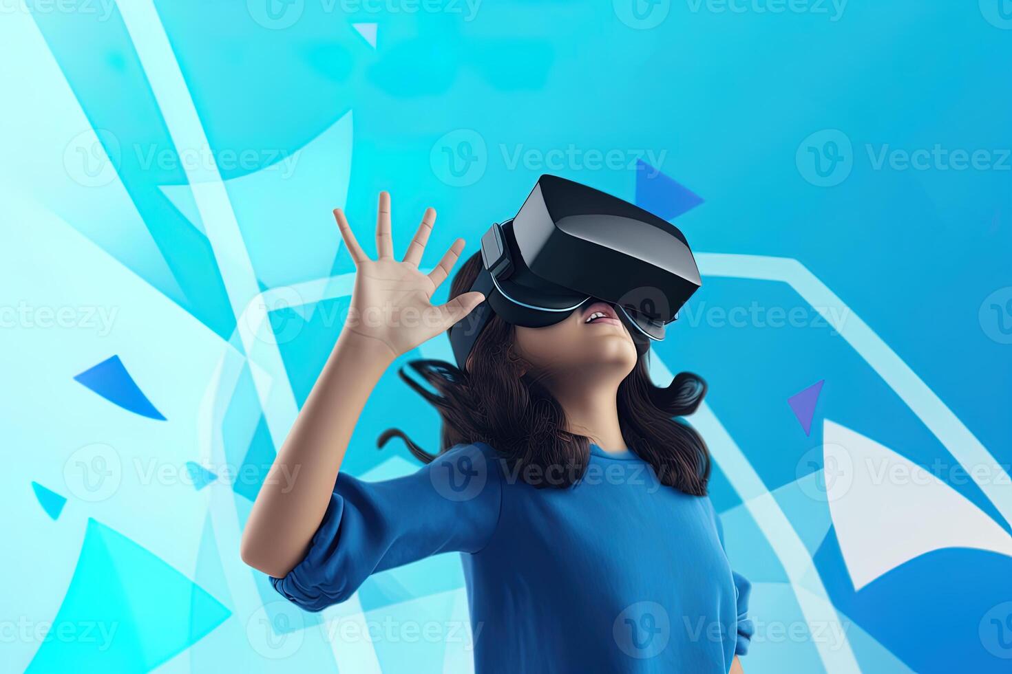 a young girl wearing a virtual reality headset in the style of blue and black. photo