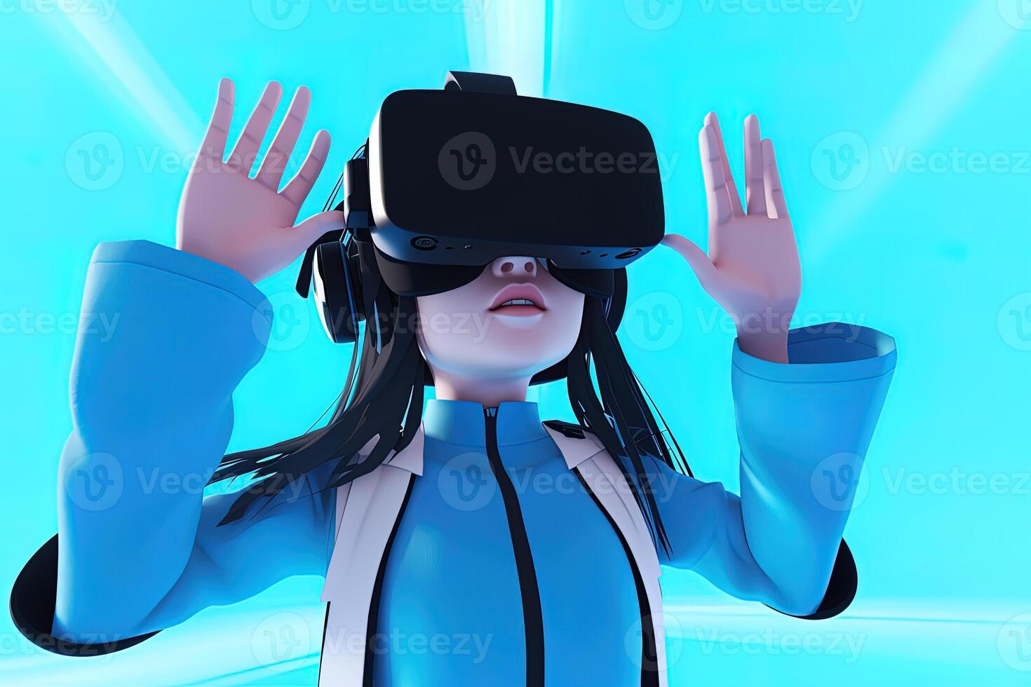 a young girl wearing a virtual reality headset in the style of blue and black. photo