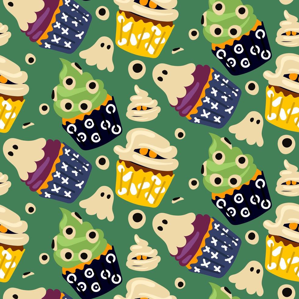 Pattern cupcakes for Halloween. Pastries in the form of muffins with a ghost, a mummy, a green slug with eyes. Cartoon vector. Wrapping paper for Halloween, cover, pattern, fabric. Green background vector