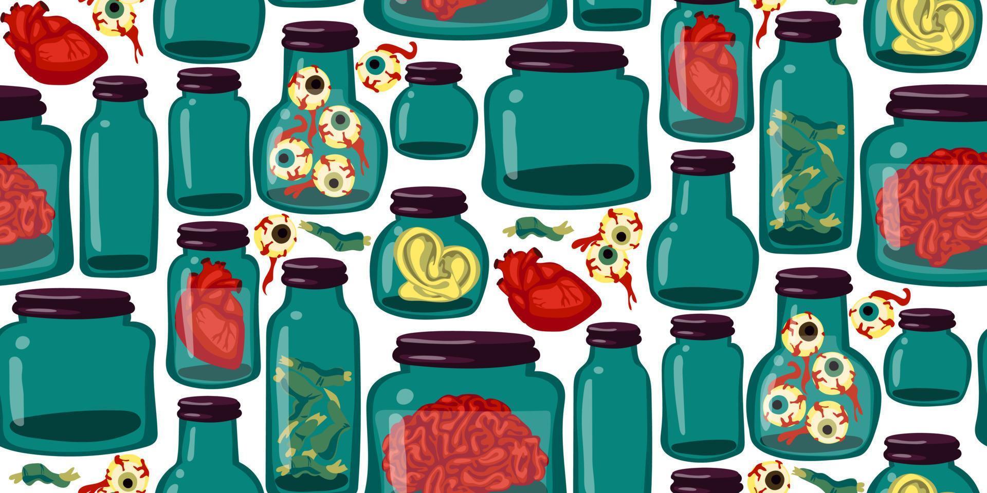A pattern of organs and samples stored in glass jars. The jars contain human ears, eyes, brains, heart, fingers from zombies. The witch's supplies. Print on textiles and gift wrapping for Halloween vector
