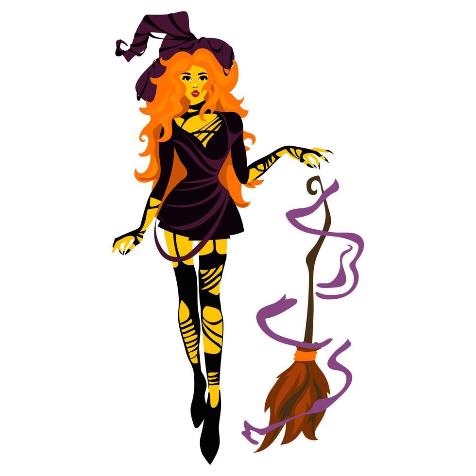 A beautiful young yellow witch with magic skills and a flying broom in the air. Halloween costume concept. Modern vector illustration, hand-drawn. Templates of posters, stickers for the holiday