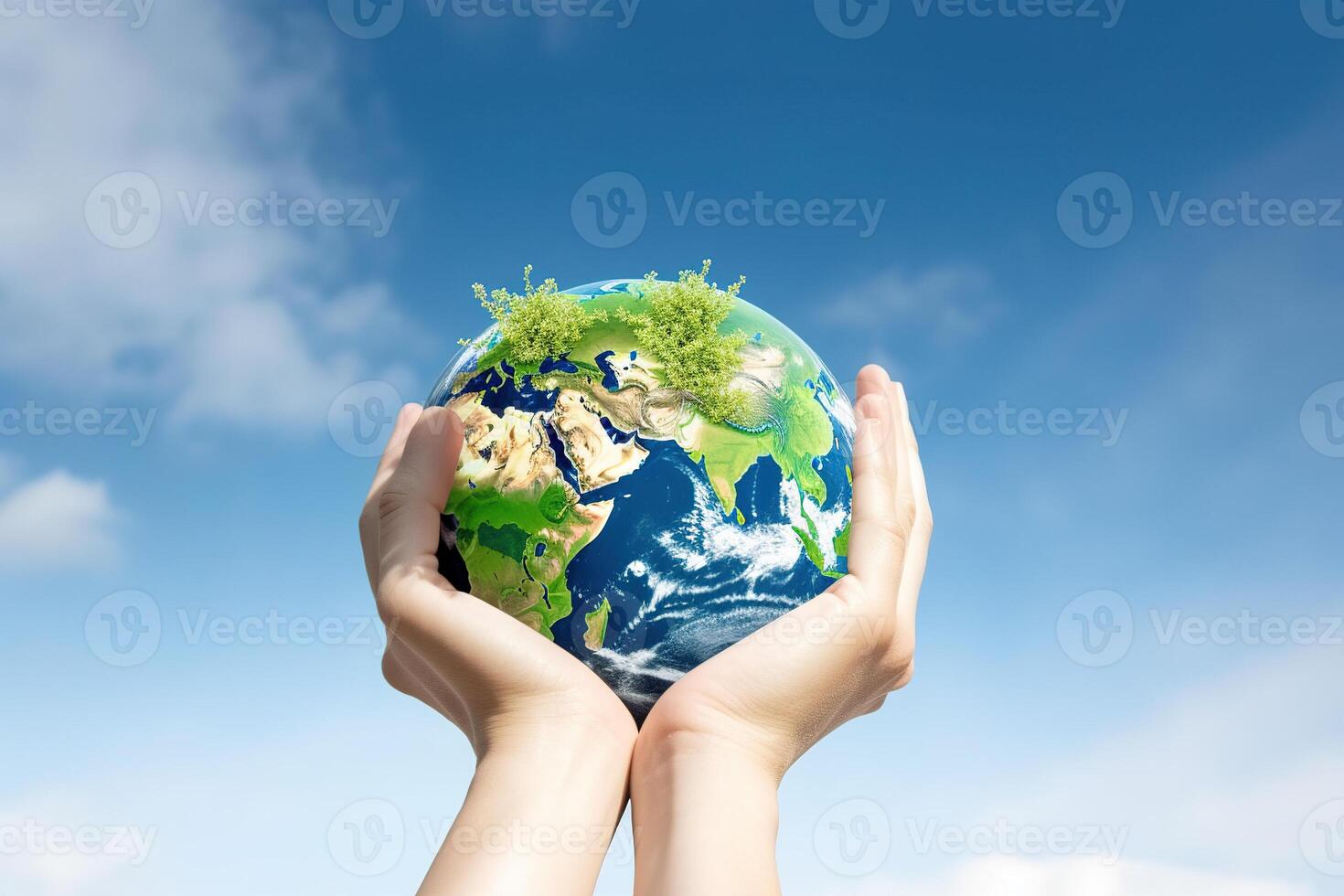 Hand holding green earth isolated on blue sky background, mother earth day illustration. photo