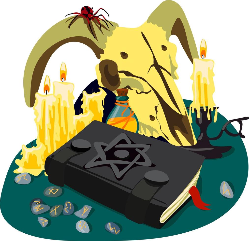 A set with a book of magic spells, witchcraft, divination. Fantastic ancient volumes with esoteric and mystical recipes. Cartoon. Poisons, candles, candle holder, runes, simple book, animal skull vector