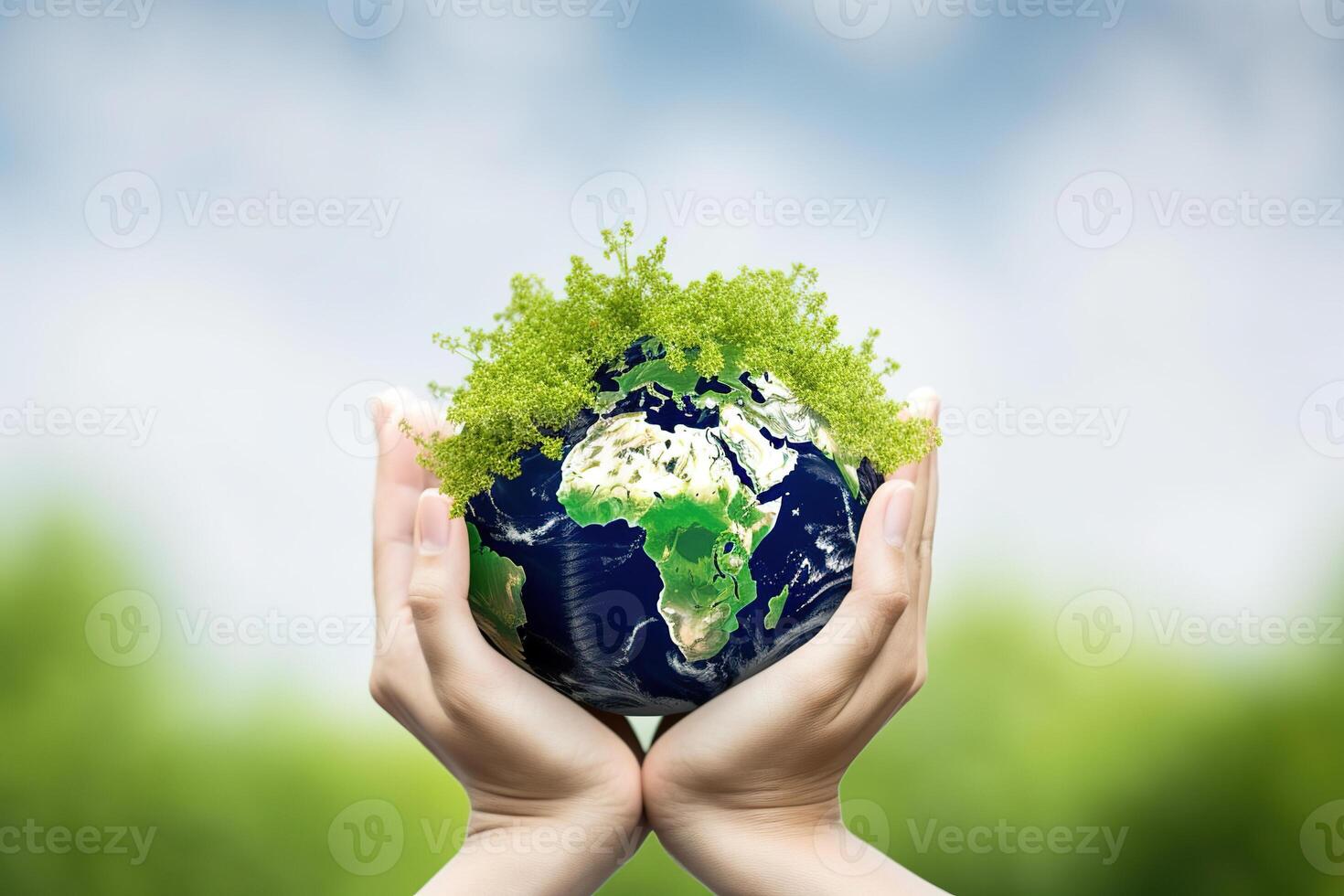 Hand holding green earth isolated on blurred background, mother earth day illustration. photo