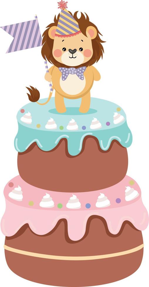 contento cumpleaños pastel con linda león vector