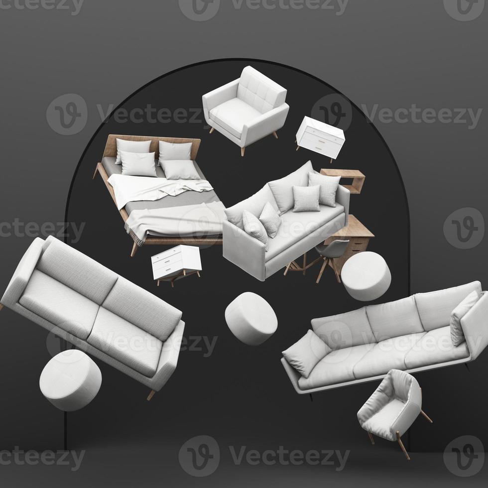interior design concept Sale of home decorations and furniture During promotions and discounts, surrounded by beds, sofas, armchairs and advertising spaces banner. black background. 3d rendering photo