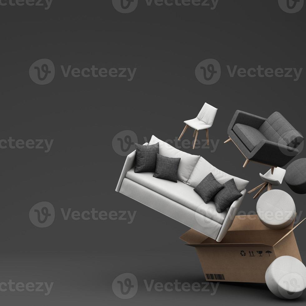 interior design concept Sale of home decorations and furniture During promotions and discounts, surrounded by beds, sofas, armchairs and advertising spaces banner. black background. 3d rendering photo
