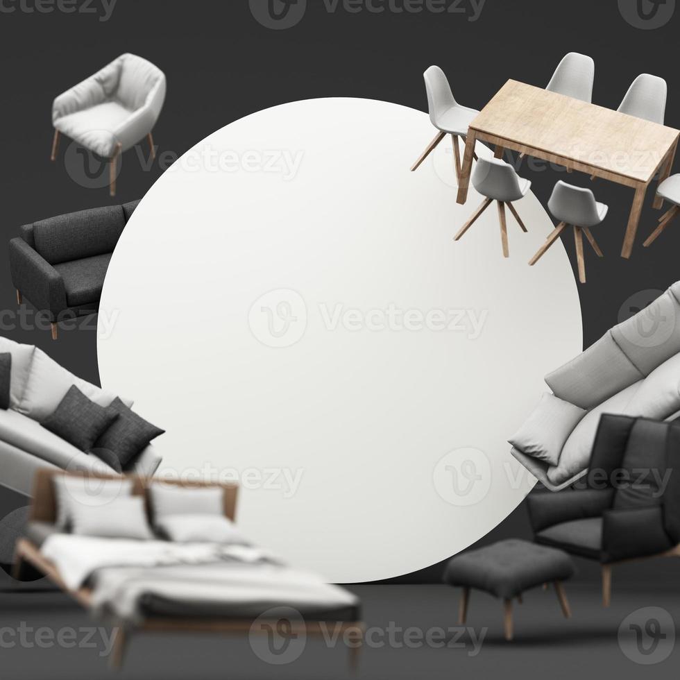 interior design concept Sale of home decorations and furniture During promotions and discounts, surrounded by beds, sofas, armchairs and advertising spaces banner. black background. 3d rendering photo