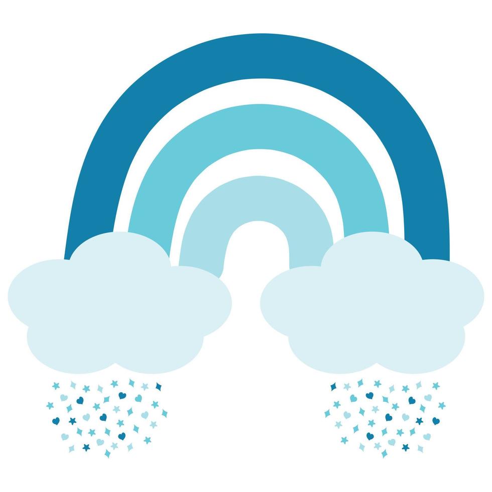 Blue boho rainbow with clouds, stars, hearts and rhombuses. Vector illustration