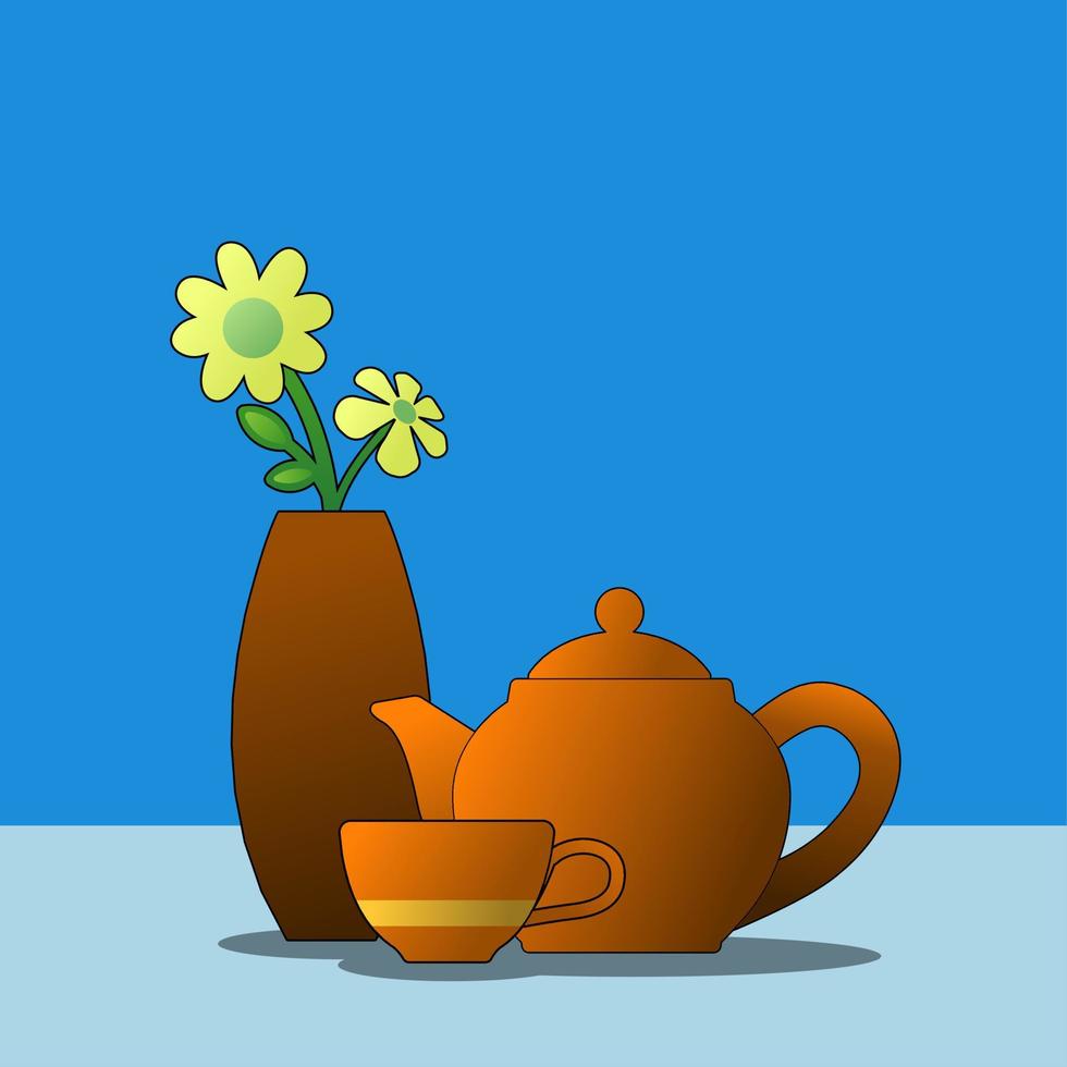 Still life vector illustration. Still life illustration of a teapot and cup with flower vase in the blue background. Simple and relax of teapot and cup for leisure design in autumn