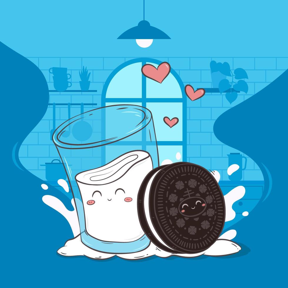 Cute Character of Biscuit and a Glass of Milk in Love vector