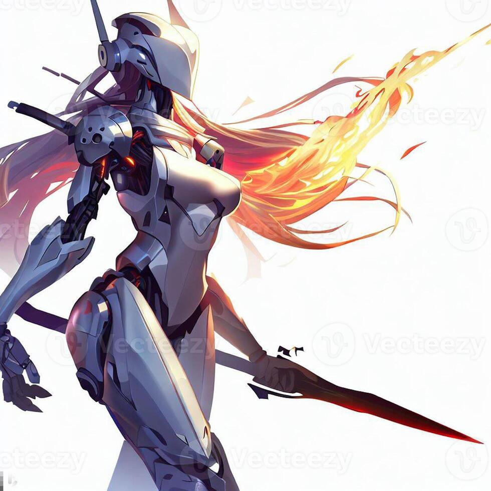 a female robot with a flaming sword created using photo