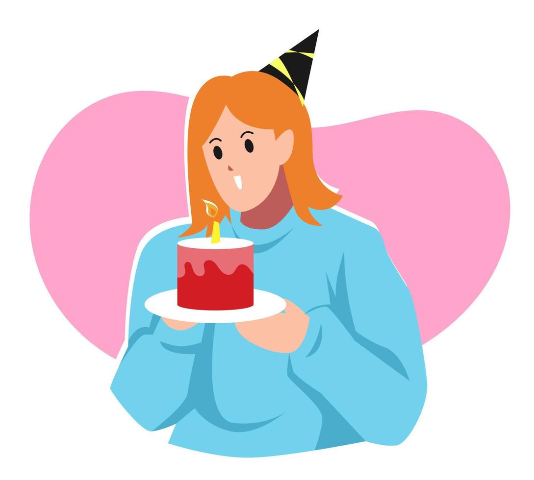 female cartoon character in party hat holding birthday cake and blowing the candle. concept of celebration, birthday, party. for greeting cards, print, poster, sticker. flat vector illustration.