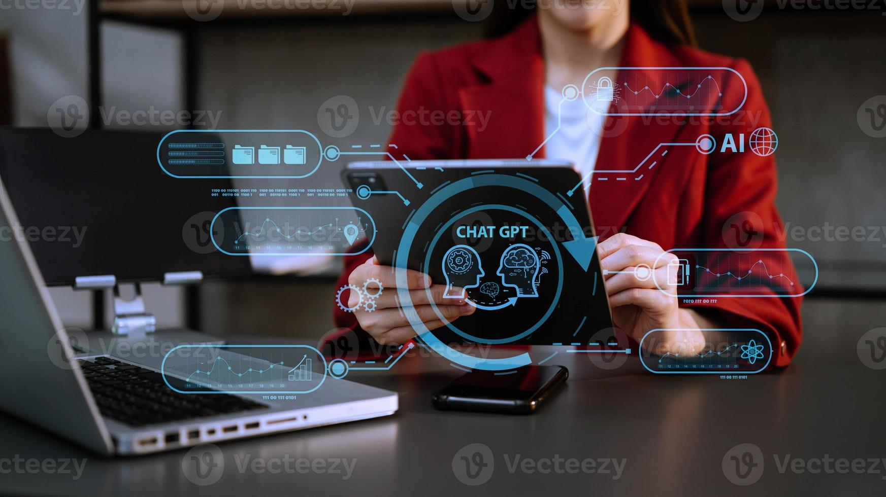 Woman using chatbot in computer and tablet  smart intelligence Ai.Chat GPT Chat with AI Artificial Intelligence, developed by OpenAI generate. Futuristic technology, robot in online system. photo