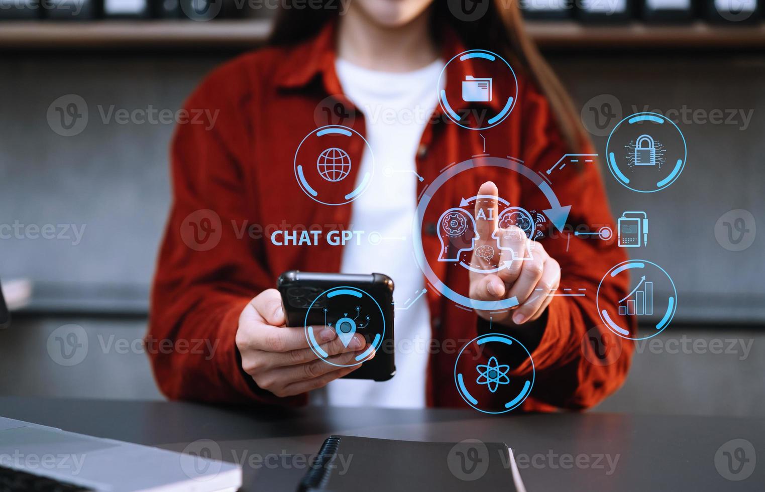 Woman using chatbot in computer and tablet  smart intelligence Ai.Chat GPT Chat with AI Artificial Intelligence, developed by OpenAI generate. Futuristic technology, robot in online system. photo