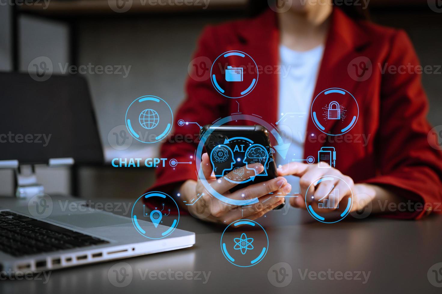 Woman using chatbot in computer and tablet  smart intelligence Ai.Chat GPT Chat with AI Artificial Intelligence, developed by OpenAI generate. Futuristic technology, robot in online system. photo