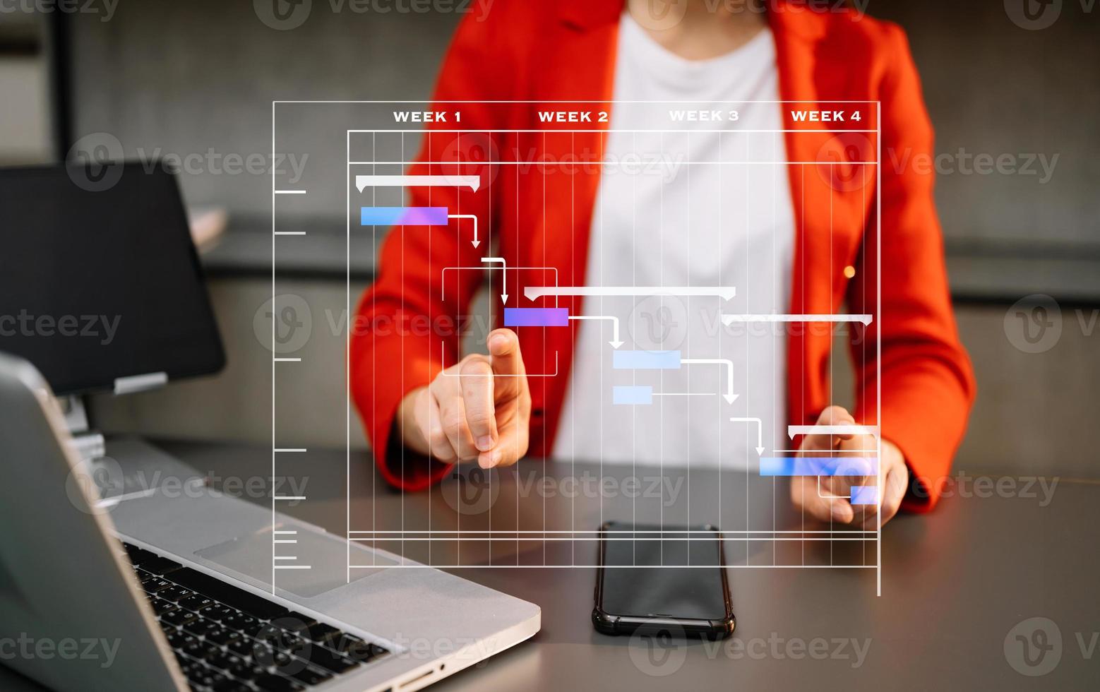 gerente de proyecto trabajando y actualizando tareas con hitos, planificación de progreso y diagrama de programación de diagrama de Gantt. Tranvía comercial trabajando en la oficina foto