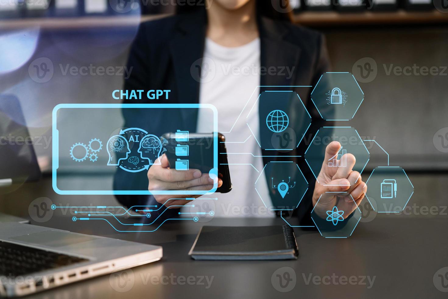 Woman using chatbot in computer and tablet  smart intelligence Ai.Chat GPT Chat with AI Artificial Intelligence, developed by OpenAI generate. Futuristic technology, robot in online system. photo