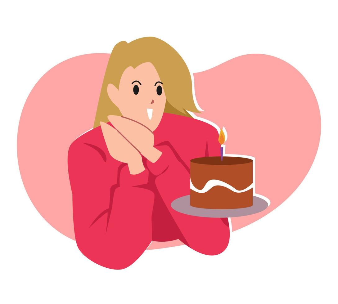 female cartoon character holding birthday cake and blowing the candle . concept of celebration, birthday, party. for greeting card, print, poster, sticker. flat vector illustration.