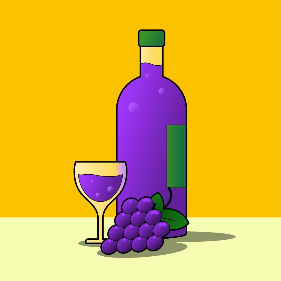 Still life vector illustration. Still life illustration of a wine and glass with grape in the yellow background. Simple and relax of a glass of wine for leisure design or painting art