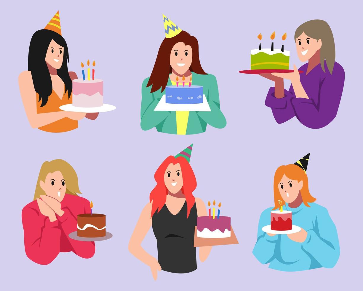 set of female cartoon character and birthday cake. concept of celebration, birthday, party. for greeting card, print, poster, sticker. flat vector illustration.