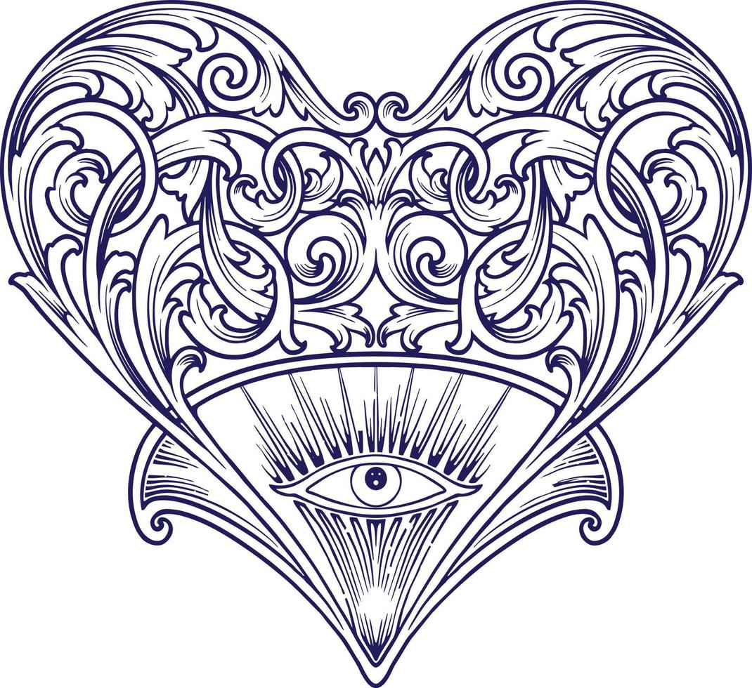 Classic elegant victorian heart swirl flourish ornament with one eye illustrations silhouette vector
