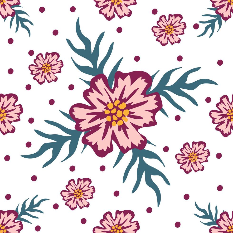 Pink flowers and polka dot on white background vector
