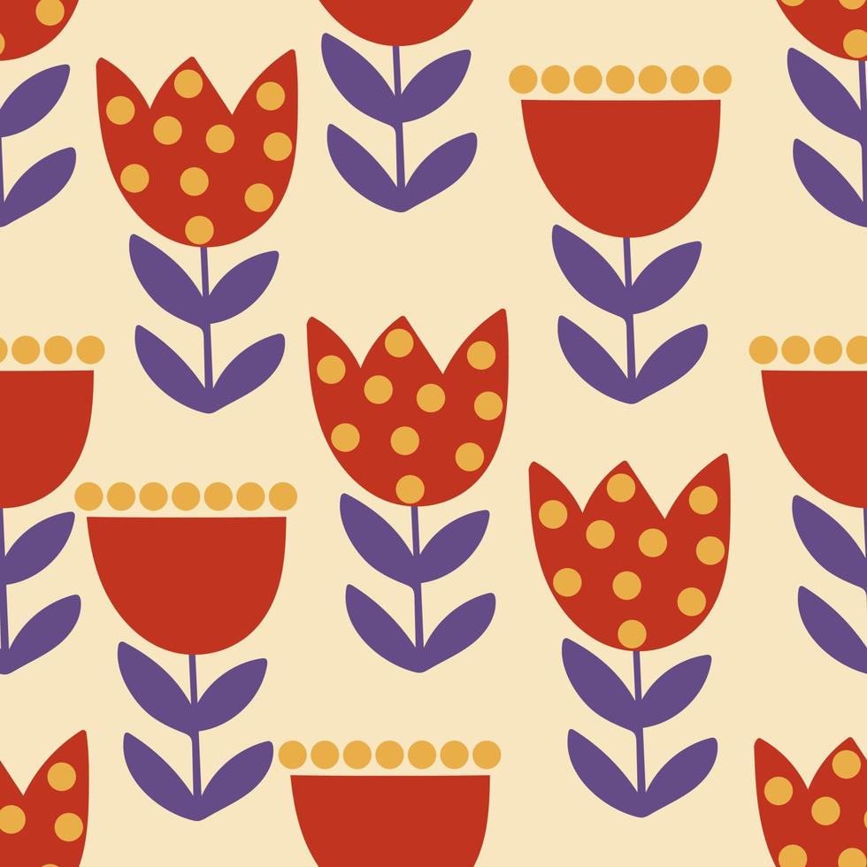 Floral seamless pattern with red tulips in retro style vector