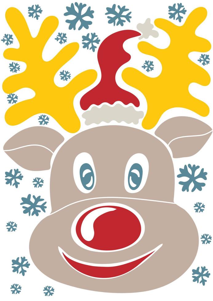 Abstract retro poster with christmas deer in santa hat and snowflakes in naive style vector