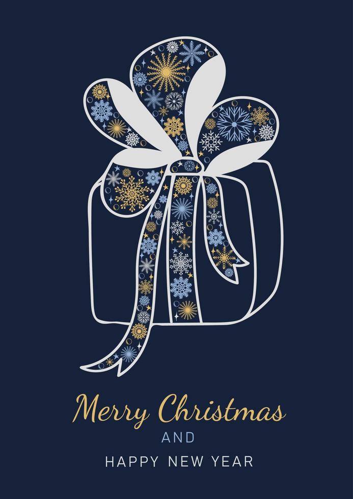 Merry Christmas and Happy New Year festive design for greeting cards. New year gift box made of beautiful snowflakes in modern line art style on dark blue background. Xmas decoration vector