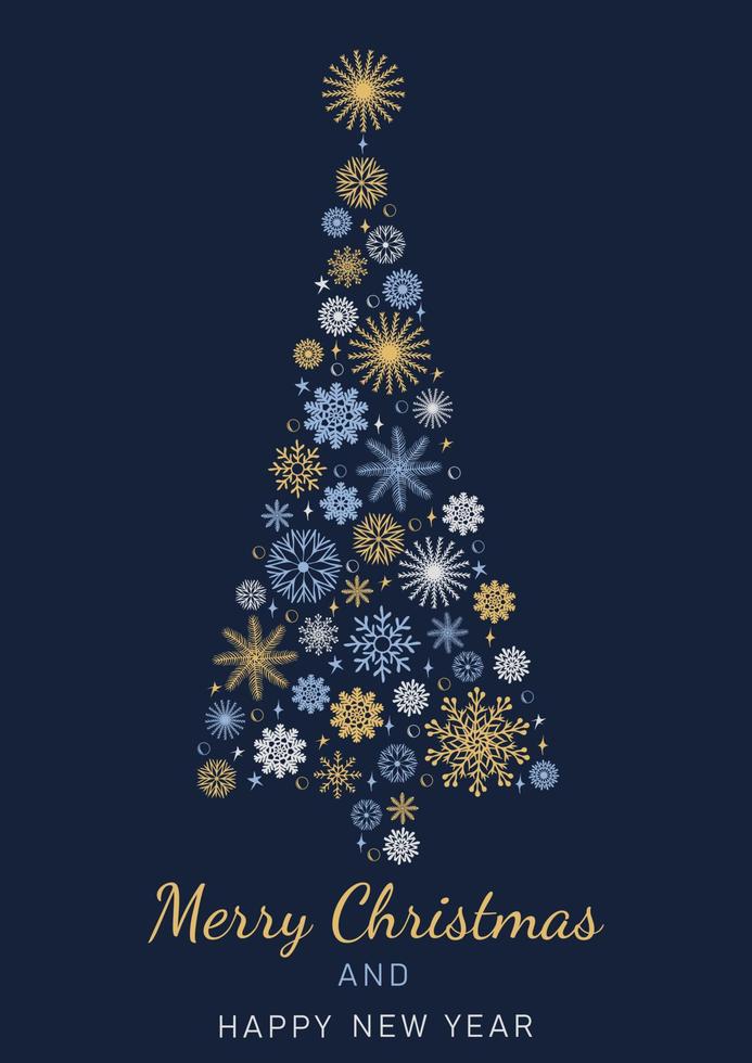 Merry Christmas and Happy New Year festive design for greeting cards. New year tree made of beautiful snowflakes in modern line art style on dark blue background vector